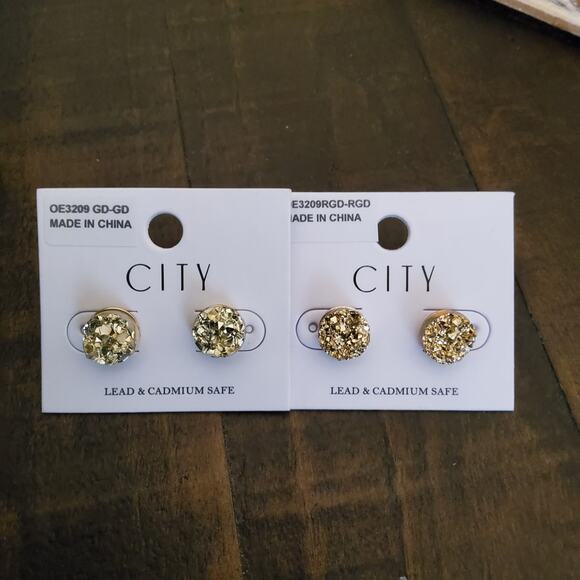 Women's Fashion Faux Druzy Stud Earrings in Gold Tone Warm Champagne - Picture 8 of 10